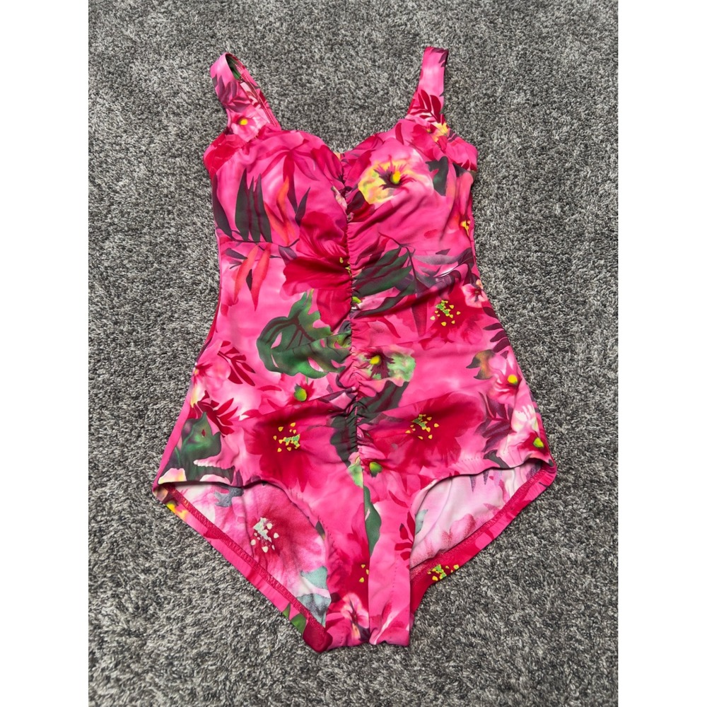 Le Cove Pink Tropical Floral Ruched One Piece Swimsuit Size 14 Sweetheart Neck